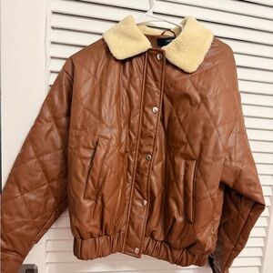 Forever 21 Tan Quilted Bomber Jacket with Cream Collar
